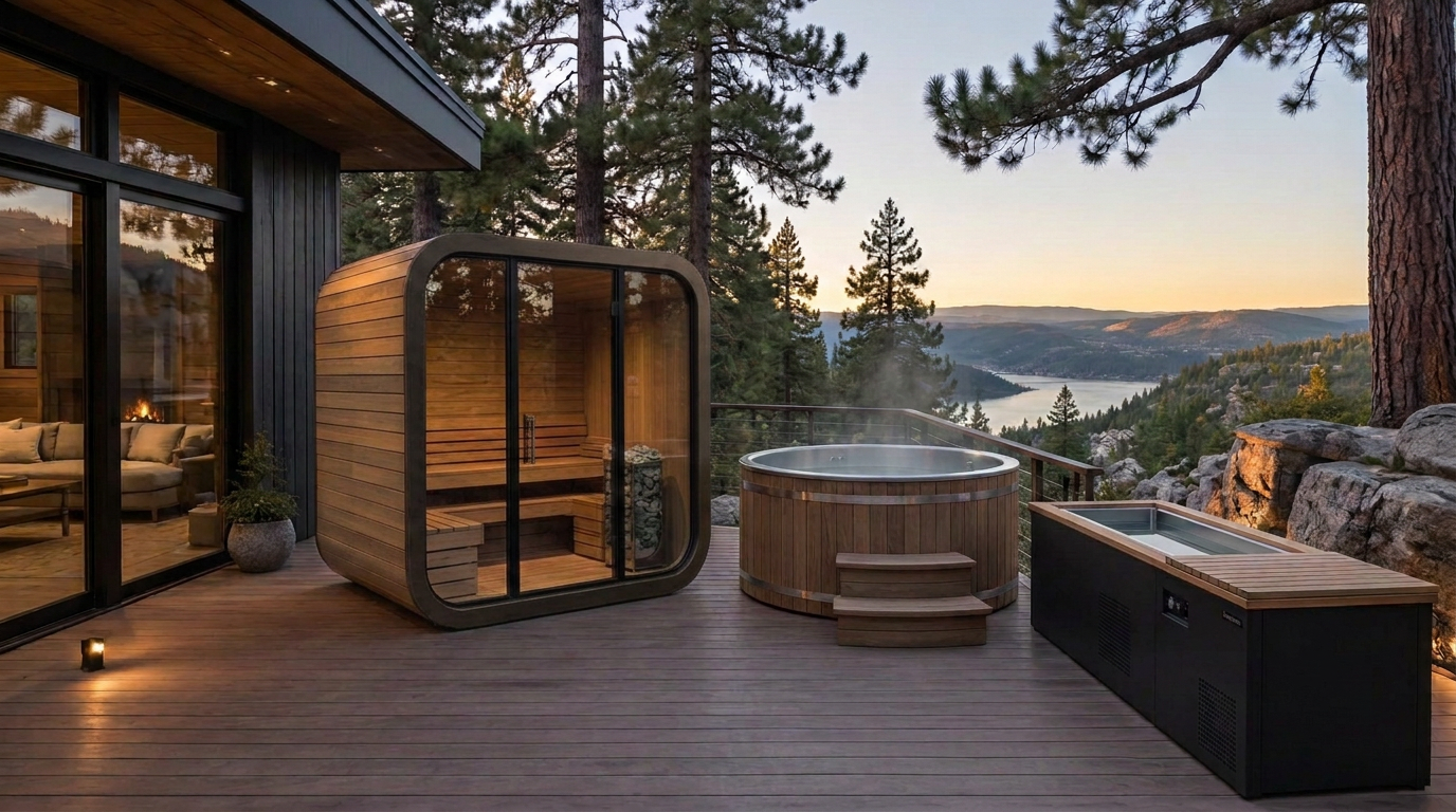 Sauna, hot tub and cold plunge grouped on a black-clad mountain cabin deck at blue hour