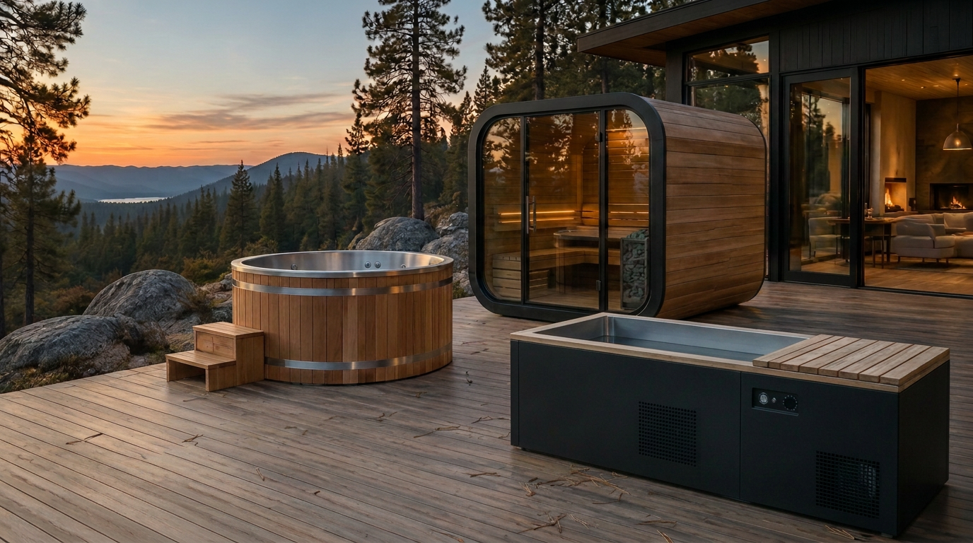 An outdoor sauna, Thermowood hot tub and cold plunge on the deck of a black-clad mountain home at dusk
